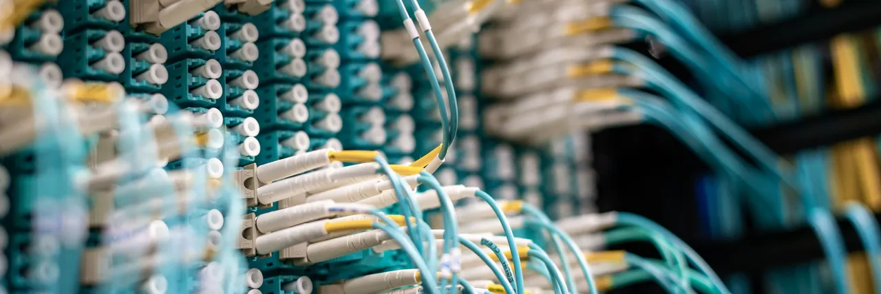 Dense bundles of teal fiber optic patch cables plugged into rows of connectors on data center patch panels