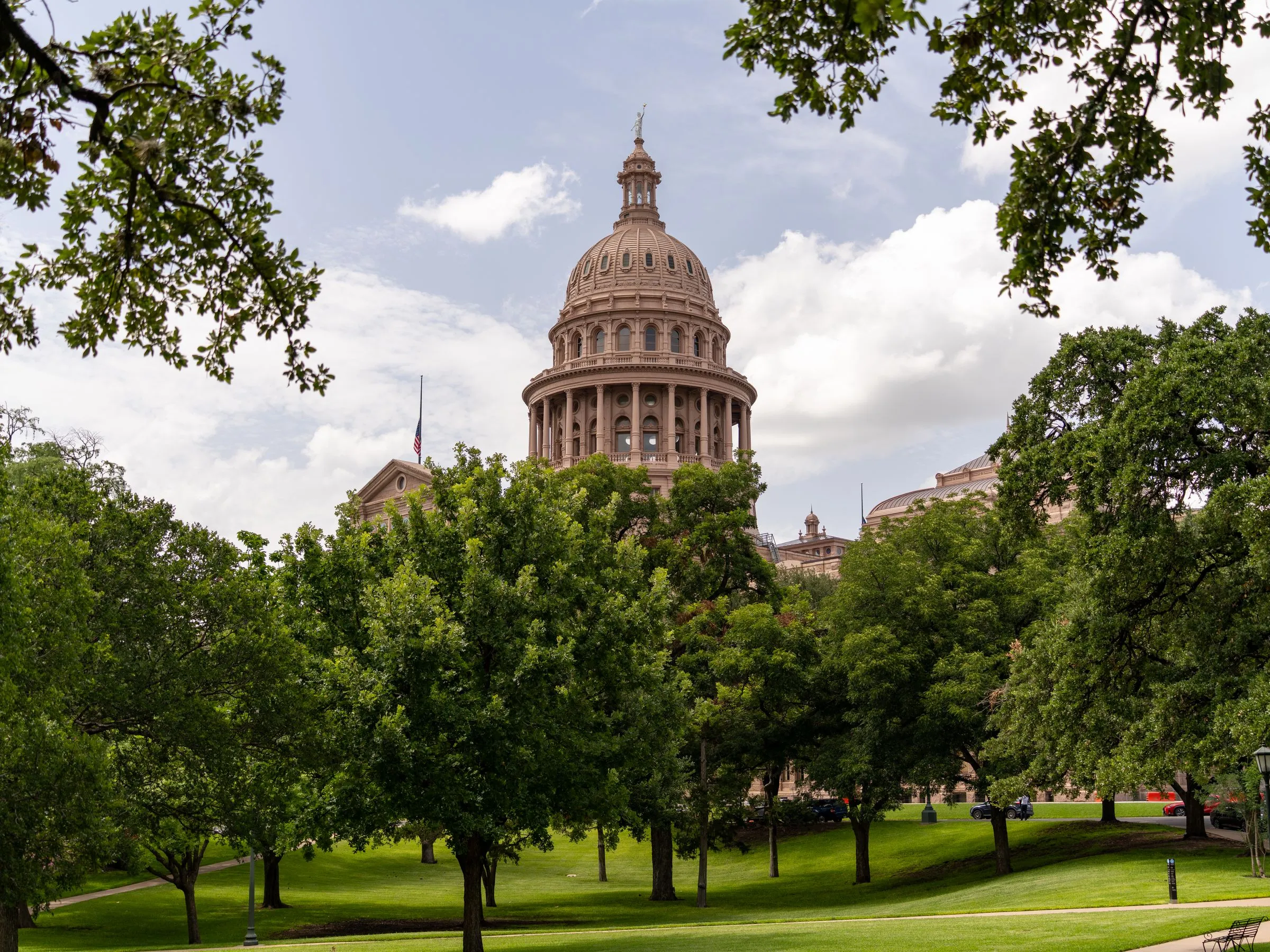 The pink granite dome of the Texas State Capitol in Austin rising above oak trees on the capitol grounds