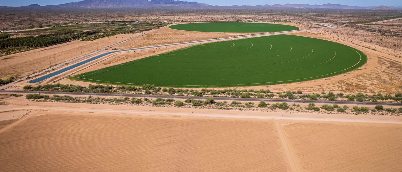 Aerial view of green center-pivot irrigation circles and bare plowed fields in the desert near Stanfield in Pinal County, Arizona, with mountains on the horizon