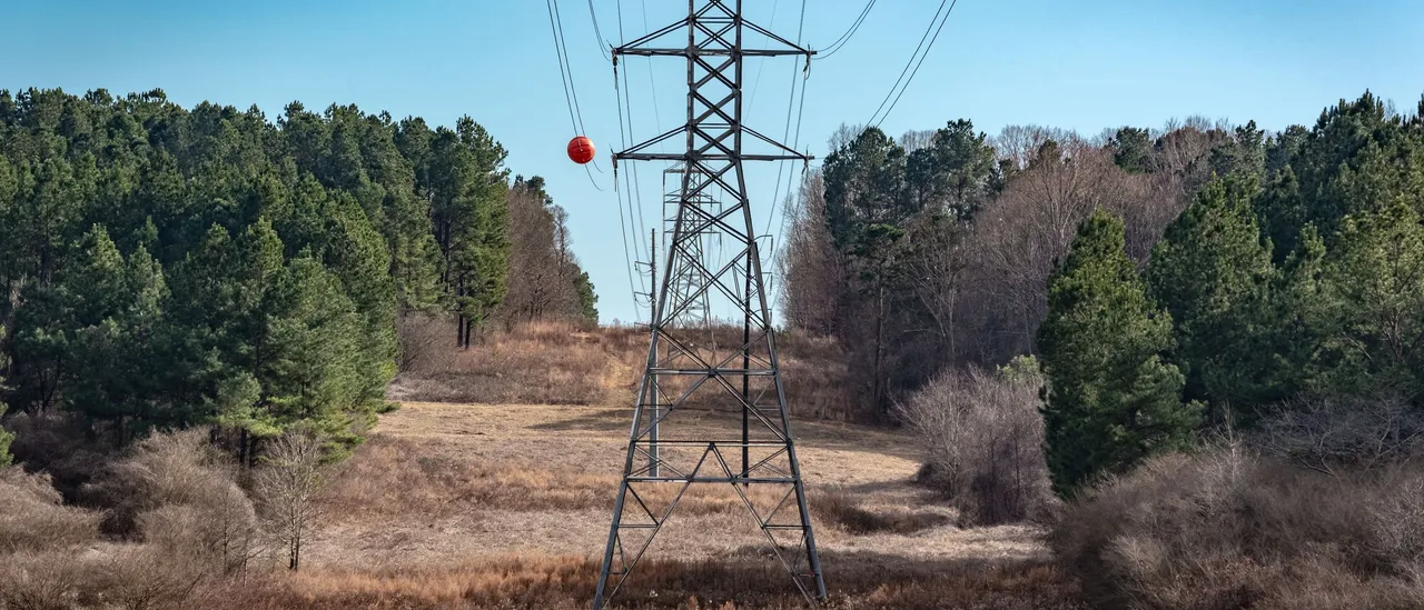 A steel lattice high-voltage transmission tower carrying multiple conductors down a cleared corridor between pine woods in Winder, Georgia, with a red marker ball on one line, a pond in the foreground, and more towers receding along the cut under a clear blue sky