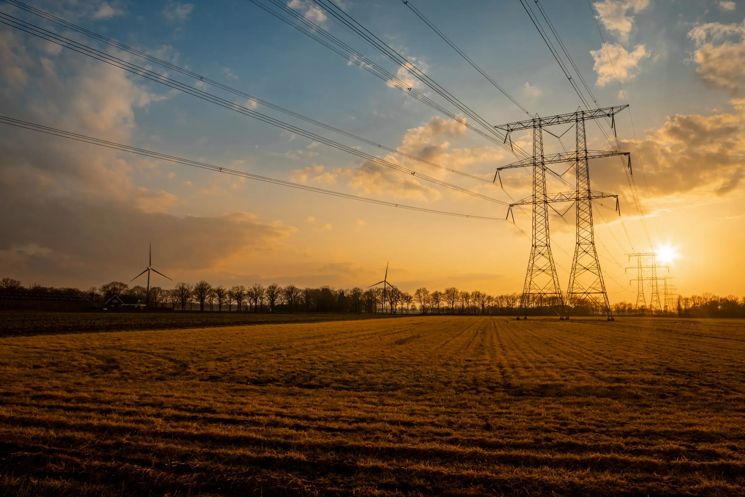 High voltage pylons carrying power lines over farmland at sunset, with wind turbines on the horizon behind a row of bare trees