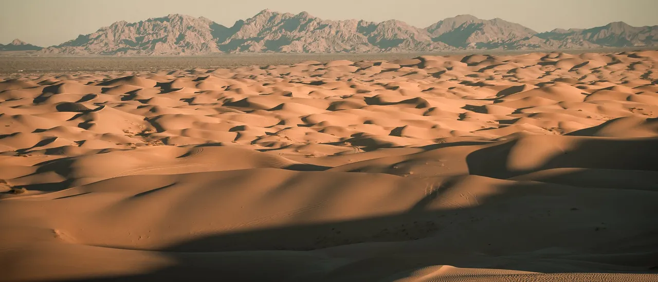 Rippled golden sand dunes of the Imperial Sand Dunes near Brawley, California, stretching toward a line of bare rocky desert mountains under a hazy sunrise sky