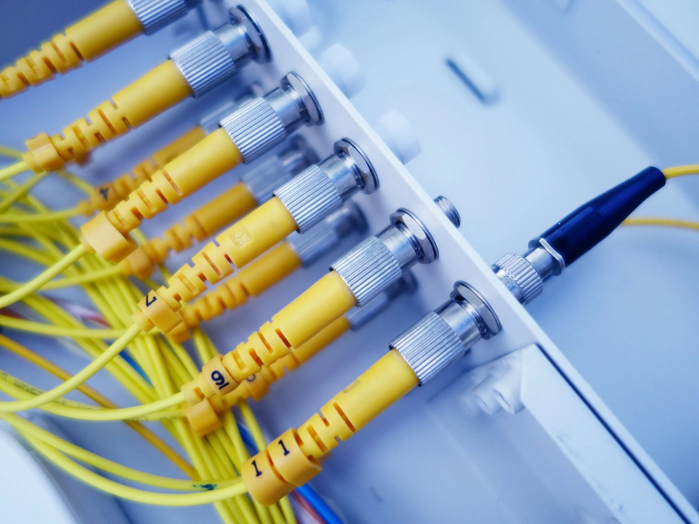 Yellow fiber optic patch cables with numbered metal connectors plugged into a white termination panel