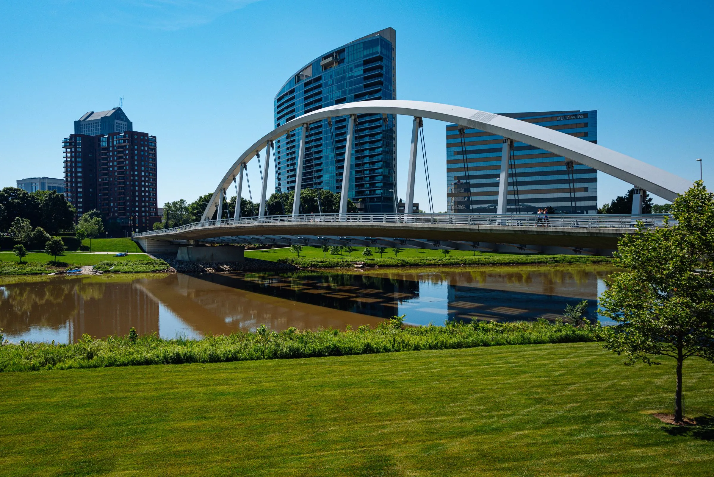 A modern white arch bridge spanning the muddy Scioto River in downtown Columbus, Ohio, with glass and brick office towers behind it and a mown lawn in the foreground