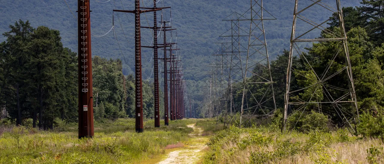 A cleared transmission corridor running straight toward a forested Appalachian ridge, with a row of rust-colored steel monopoles carrying insulator strings on the left, a line of galvanized lattice towers on the right, and a sandy two-track path through summer grass and scrub between them